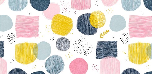 Soft pastel blue, pink, and yellow simple shapes form a pattern on a white background with small hand-drawn doodles.