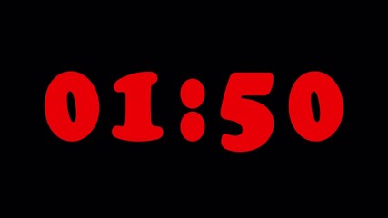  2 minutes countdown timer animation with minutes and seconds isolated on black screen,2 mint countdown timer on black background.