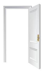 Open and closed white entrance realistic door isolated on white background