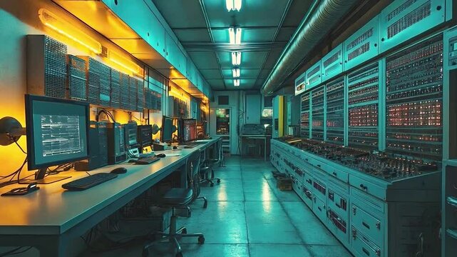 Retro server room with blue and orange lights