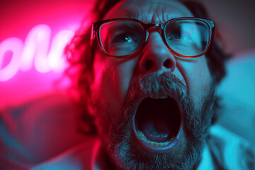 screaming adult man masturbating to orgasm on a bedroom bed. Concept of male sex and self-satisfaction