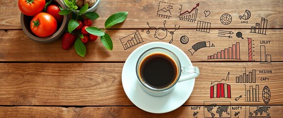 Fresh coffee on rustic wooden table with hand-drawn infographic elements, diagram, business
