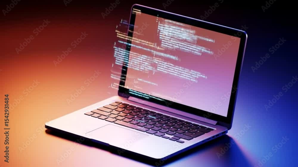 Poster futuristic laptop with code overlay for software development and technology concept