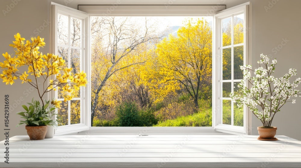 Poster bright open window with view of colorful autumn trees and vibrant yellow and white flowe plants