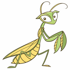 A cheerful praying mantis with big eyes, posing gracefully, simple vector art, white background.