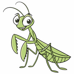A cheerful praying mantis with big eyes, posing gracefully, simple vector art, white background.