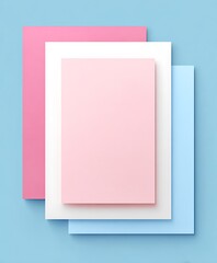 Three sheets of premium paper, baby pink, baby blue, white, flat lay, filling entire image