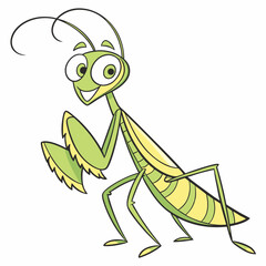 A cheerful praying mantis with big eyes, posing gracefully, simple vector art, white background.