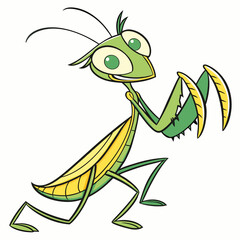 A cheerful praying mantis with big eyes, posing gracefully, simple vector art, white background.