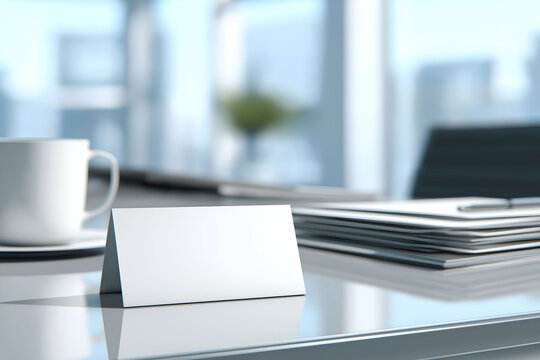 Blank Tent Card Mockup on Desk with Cup and Paper Stacks, motion blur Business concept, motion bokeh background