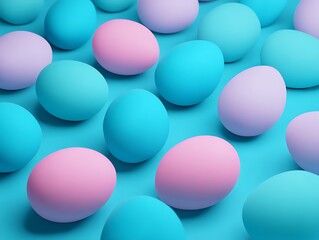 Tiny cute isometric easter eggs covering whole, eggs are blue, pink and turquoise in color, soft smooth lighting, with soft neon colors, 3d icon clay render