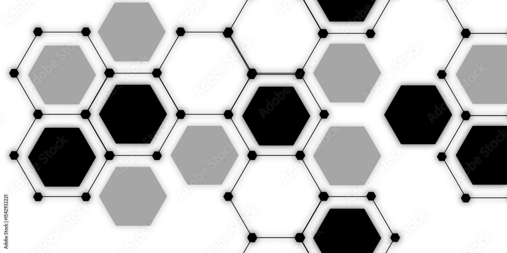 Poster abstract vector design with interconnected black-outlined hexagons. honeycomb-like pattern on white 