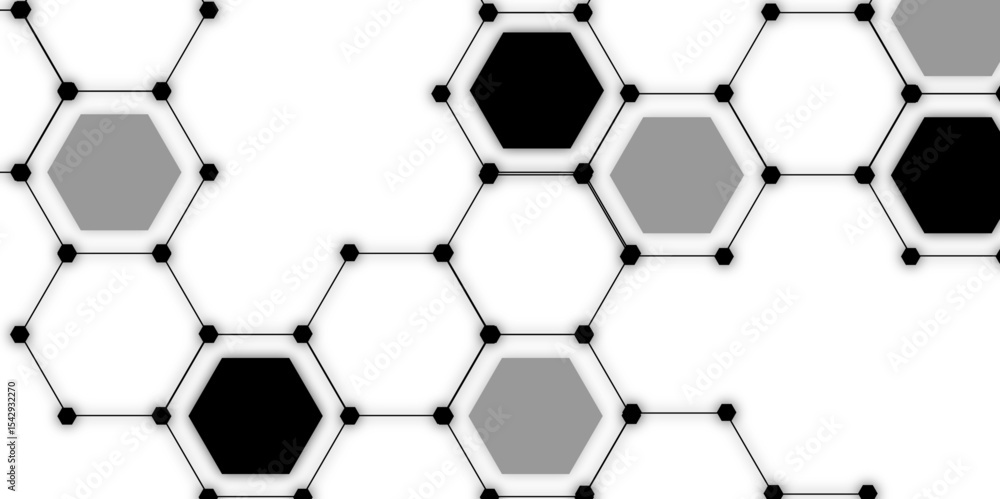Poster abstract vector design with interconnected black-outlined hexagons. honeycomb-like pattern on white 