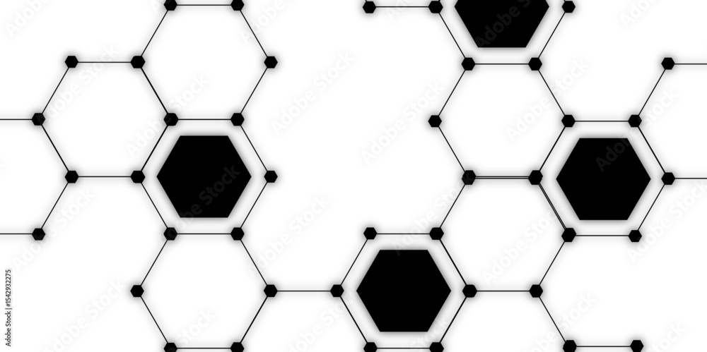Poster abstract vector design with interconnected black-outlined hexagons. honeycomb-like pattern on white 