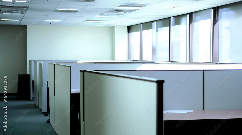 Poster rows of office cubicles with partition walls create individual workspaces. interior with ceiling lig