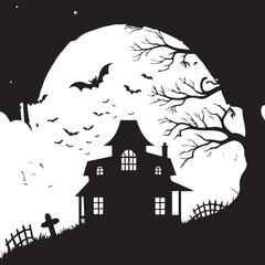 Haunted house silhouette under full moon halloween background