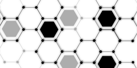 Abstract vector design with interconnected black-outlined hexagons. Honeycomb-like pattern on white and Small, solid black circular. Geometric layout with futuristic, scientific, and technological 