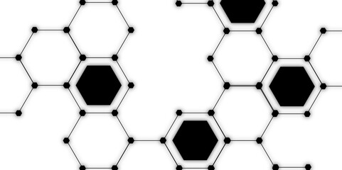 Obraz premium Abstract vector design with interconnected black-outlined hexagons. Honeycomb-like pattern on white and Small, solid black circular. Geometric layout with futuristic, scientific, and technological 