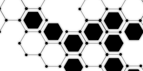 Abstract vector design with interconnected black-outlined hexagons. Honeycomb-like pattern on white and Small, solid black circular. Geometric layout with futuristic, scientific, and technological 