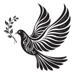 Ornate black dove with olive branch illustration