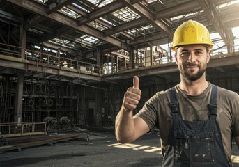 Worker in hard hat giving thumbs up in factory
