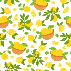 Yellow lemons seamless pattern. Whole and cut into slices fruits. Citron plant branch with leaves. Sour citrus pieces. Garden harvest. Repeated kitchen fabric print. Vector background