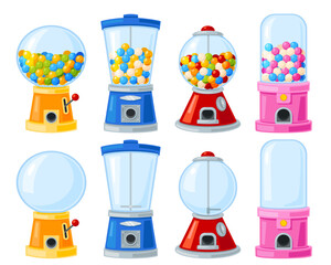 Vending machines. Dispensers empty and with colorful chewing gums. Food selling slot equipment. Gashapon balls. Caramel sweets distributor. Bubble dispense. Gacha containers vector set