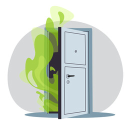 Unpleasant odor coming from door. Strong stench in apartment. Bad aroma. Smelly vapor. Toxic green air gas. Stinky house doorframe. Neighbors fetor. Rotting nasty smell. Vector concept
