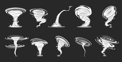 Tornado effect. Air hurricane. Wind vortex on dark background. Climate phenomenon. Dangerous storm with twisted funnels. Natural disasters. Atmosphere windstorm. Vector whirlwinds set