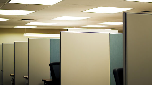 Office cubicles line the room, providing partitioned workspaces under bright ceiling lights, creating a structured and organized work environment.