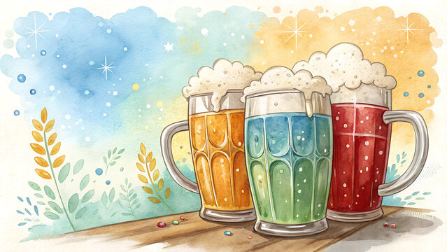 Watercolor beer mugs background with frothy tops of cold beer in vibrant colors, cheerful and celebratory vibe with copy space
