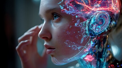 Emotion designer calibrating synthetic emotions for humanoid AI in futuristic lab, colorful emotional spectrums floating in holographic display, emotional coding on screen, ultra-realistic, 
