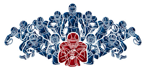 Sport Team American Football Players Cartoon Mix Action  Graphic Vector