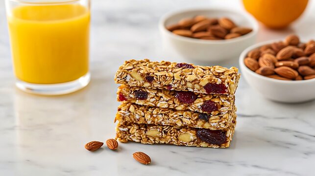  Healthy granola bars with almonds and orange juice for nutritious breakfast