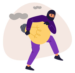 Black masked thief stole light bulb. Stealing idea. Creativity and innovation lamp. Intellectual property theft. Invention burglary. Man sneaking with lightbulb. Vector plagiarism concept