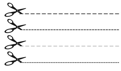 Black icons or silhouettes of scissors with different cut lines. Cutout guide. Dash dotted separation. Ticket separation. Bulletin ticket cutline. Snip place sign. Vector symbols set