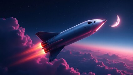 Rocket launching into a night sky filled with clouds.