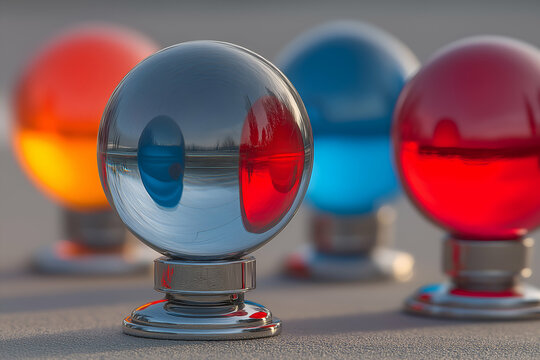 Colorful Glass Spheres Reflecting Light on a Simple Grey Surface, motion blur Business concept, motion bokeh background