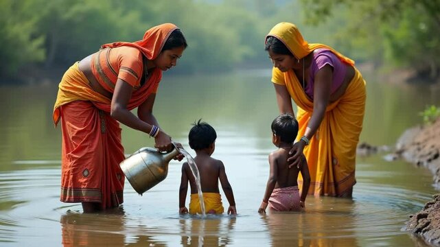 Indian woman bathing her baby in a river, traditional scene of rural life in India, hygiene practices in poor areas of India, mother washing her baby in a river, concept of poverty and destitution in 