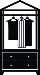 Stylish minimalist black and white wardrobe icon with hanging clothes and drawers