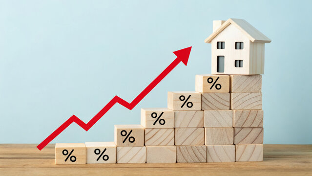 Rising interest rate housing market mortgage real estate investment inflation price increase finance. Inflation prices going up , prices on the rise. Cost of living, economic, financial crisis