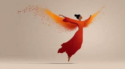 A person in a flowing red robe gracefully leaps into the air, surrounded by vibrant particles that symbolize healing and movement therapy in an artistic interpretation of freedom and joy