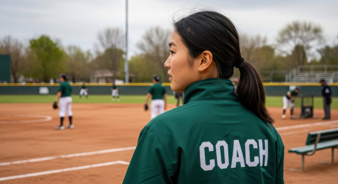 Female softball coach observing team practice on a clay field during a cloudy day at an outdoor sports facility