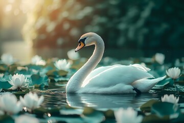White Swans Gracefully Swimming The