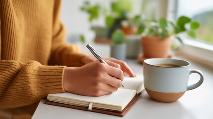 A person writes in a notebook, immersed in therapeutic journaling. A cozy atmosphere is created by houseplants and a warm drink on the table next to them, reflecting calmness
