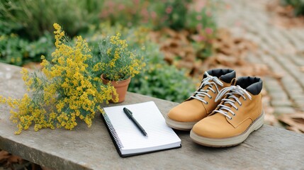 An individual engages in gratitude journaling on a wooden bench surrounded by vibrant flowers. A notebook and pen rest beside a pair of yellow shoes, creating a peaceful atmosphere