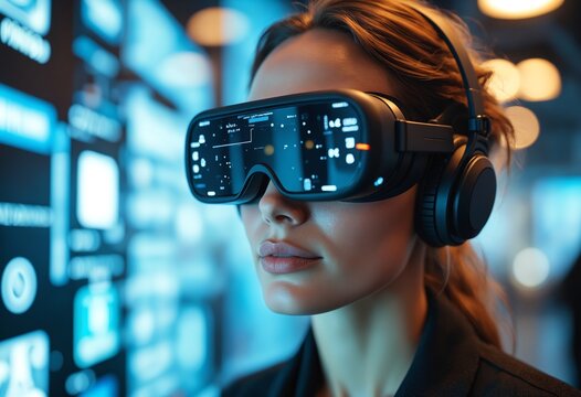 Female engineer connecting wires with augmented reality display - Free ...