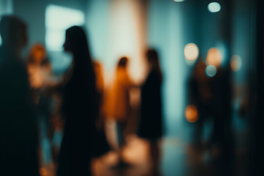 Blurred People Networking at Event Gathering in Soft Light Ambiance, motion blur Business concept, motion bokeh background