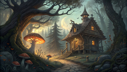 Illustration Baba Yaga's Enchanted Forest, eerie yet ornate backdrop with Baba Yaga's hut on chicken legs hidden among twisted black trees, glowing mushrooms and ghostly fog with copy space  