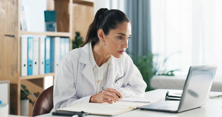 Laptop, doctor or woman with research notes for medical website, report or administration in...
